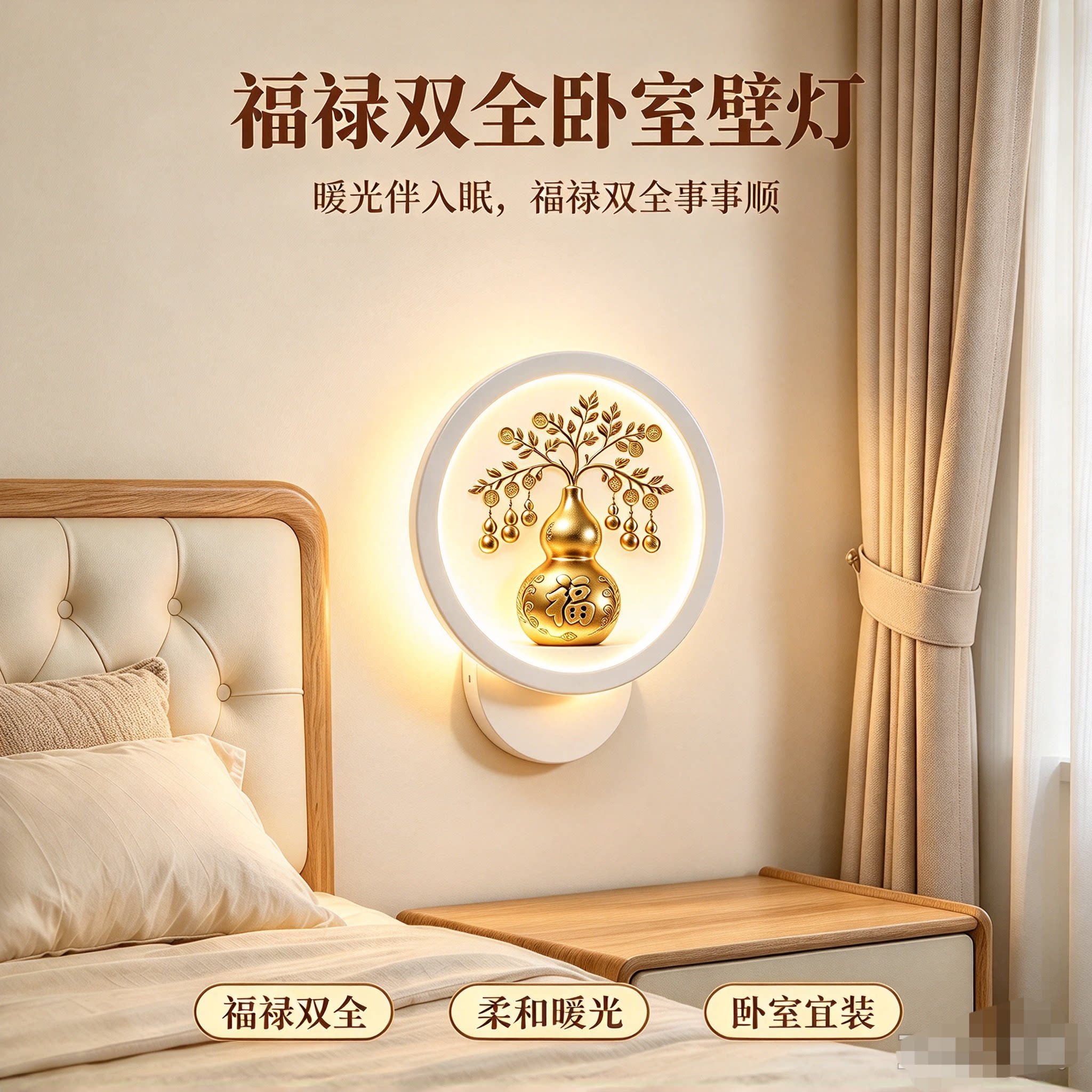 福禄双全壁灯新中式福字葫芦壁画客厅走廊入户玄关卧室床头装饰灯