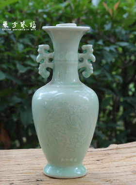 七八十年代国营汝瓷厂作品煤烧刻龙纹烛台摆件老汝瓷