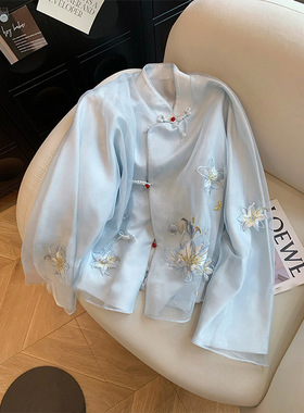 简序品质 春夏新款 温柔超仙 短上衣中国风蓝色刺绣云纱女装外套