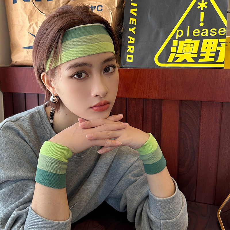 彩色条纹发带护腕高级感棉纤维运动发饰护手腕三件套拼色撞色头饰