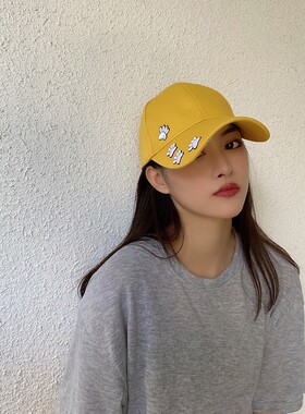 韩版刺绣鸭舌帽女黄色显脸小遮阳棒球帽百搭宽檐帽子