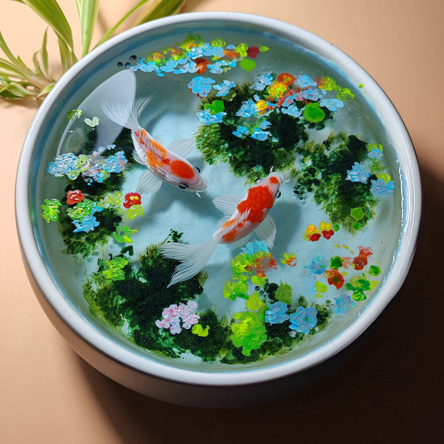 冷墨手绘立体鲤鱼丙烯油画名画临桌面摆件