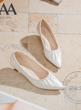 AAA女鞋合成革抓皱面尖头猫跟素面纯色通勤鞋白领OL气质浅口单鞋