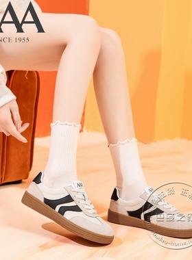 AAA女鞋合成革拼接剖层猪皮绒面革圆头平底系带板鞋德训鞋单鞋