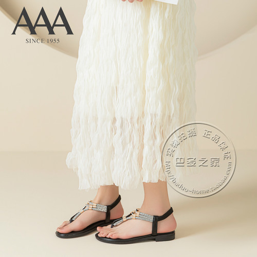 AAA女鞋合成革水钻细带金属圈扣夹趾平底松紧带罗马风外穿凉鞋