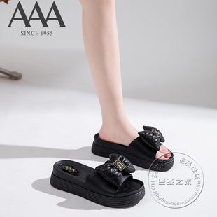 AAA女鞋 合成革皮面菱形踩线饱满立体蝴蝶结厚底中跟一字拖凉拖鞋