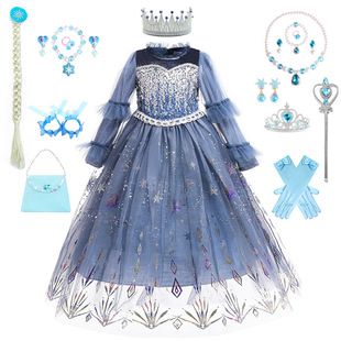 秋冬新款女童加绒艾莎连衣裙冰雪奇缘爱莎表演服装亮片洋气长裙子