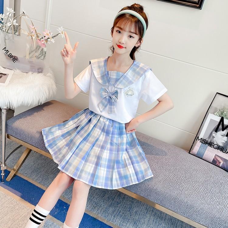 女童JK套装学院风格子上衣百褶裙