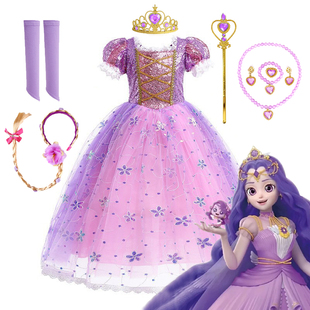 夏季女童暮光公主裙乐美变身裙亮片短袖蓬蓬礼服长发公主乐佩裙子