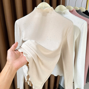 工厂一件代发秋冬260克莫代尔磨毛木耳边长袖 t恤女内搭保暖打底衫