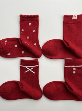 大红色本命年袜子女m系蝴蝶结纽扣羊毛中筒袜ins布标无骨新年袜