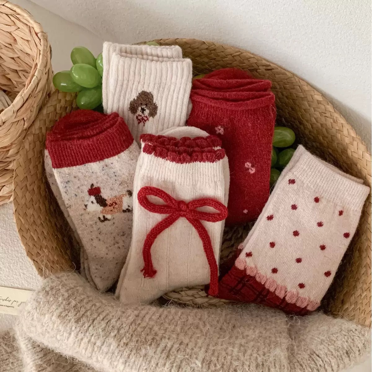 马年新年袜子女中筒蝴蝶结秋冬羊毛堆堆袜红色本命年袜子可爱卡通
