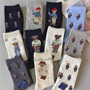 lo休闲成人小熊女袜批发 卡通小熊中筒女士棉袜po同款 新款 春秋潮款