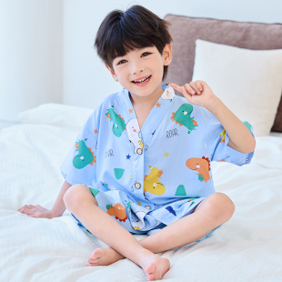 绵绸套装 男童棉绸睡衣夏季 短裤 女童青少年家居服男孩儿童短袖 薄款