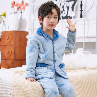 秋冬季儿童双层保暖加绒睡衣珊瑚绒女孩男童家居服法兰绒加厚套装
