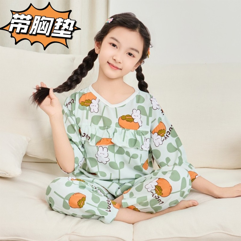 大女童防凸点带胸垫棉绸睡衣