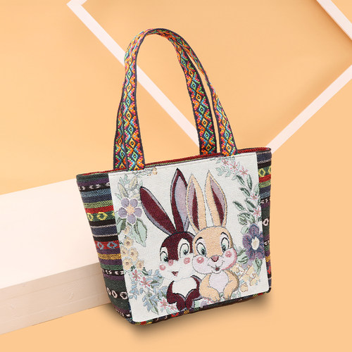 手提袋女包外出双面休闲卡通绣花