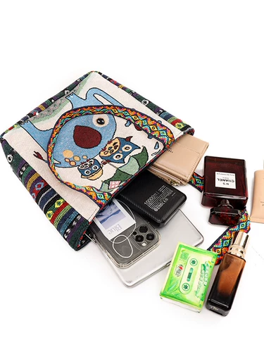 Льняная сумка, двусторонний мультяшный вместительный и большой этнический шоппер для выхода на улицу для отдыха, этнический стиль