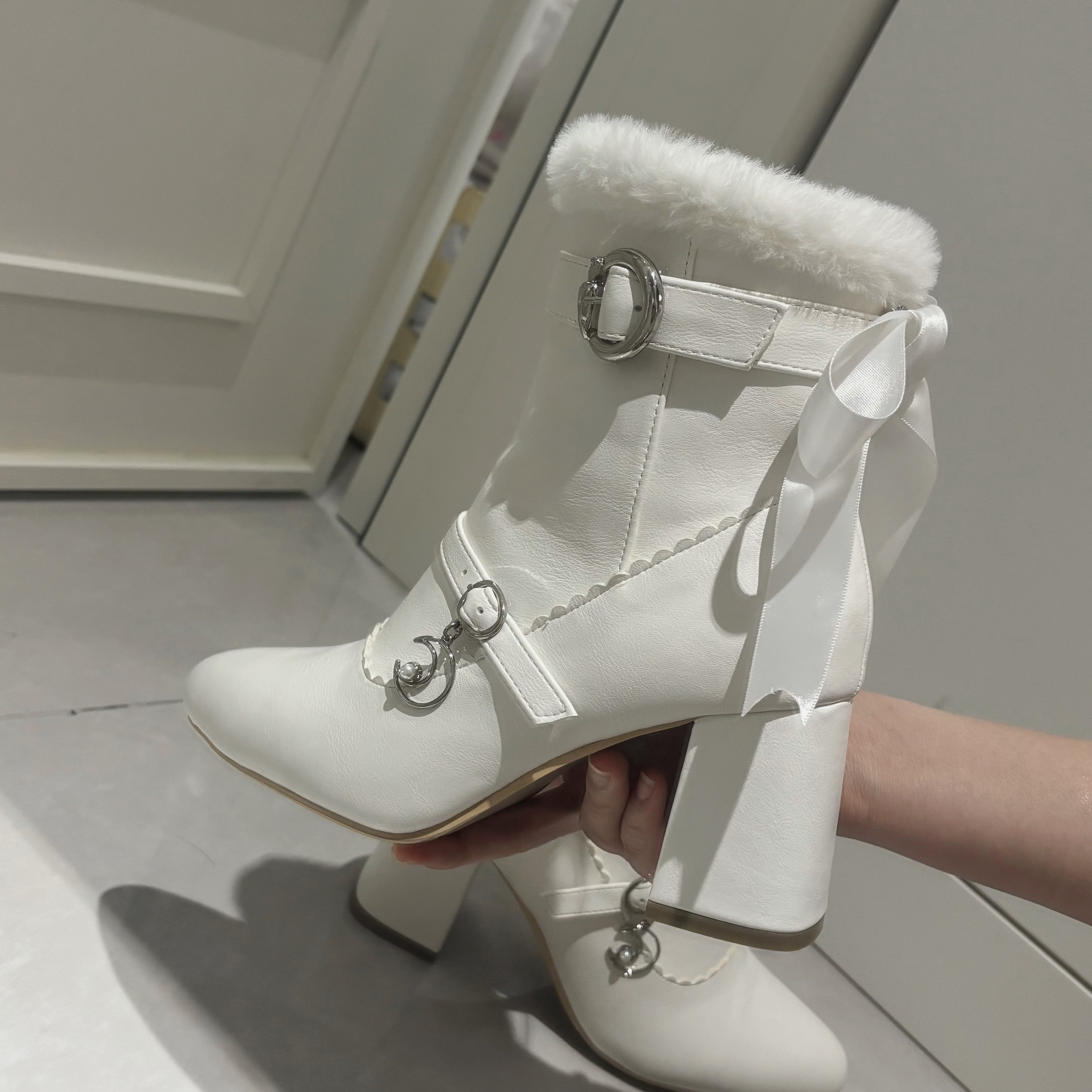 ·cat黑猫集市 冬季粗跟甜美加绒毛毛小短靴雪地靴