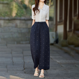 复古波点花边亚麻直筒裤女休闲裤小个子夏季时尚高腰显瘦阔腿裤