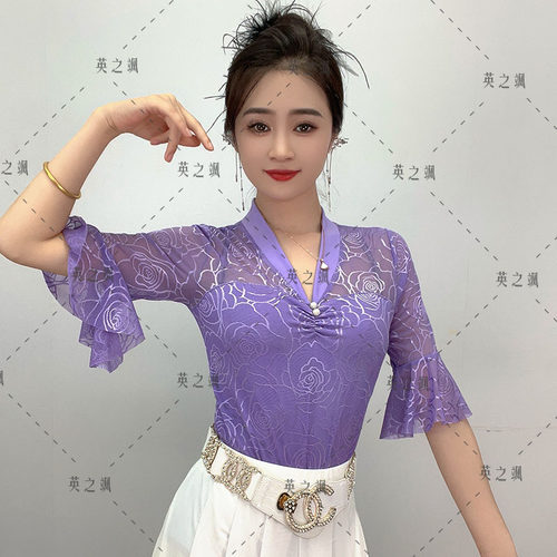 V领蕾丝短袖连档跳舞衣演出小衫