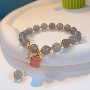 灰玛瑙水晶手链女复古中国风玛瑙水蜜桃小柿子柿柿如意吊坠手串