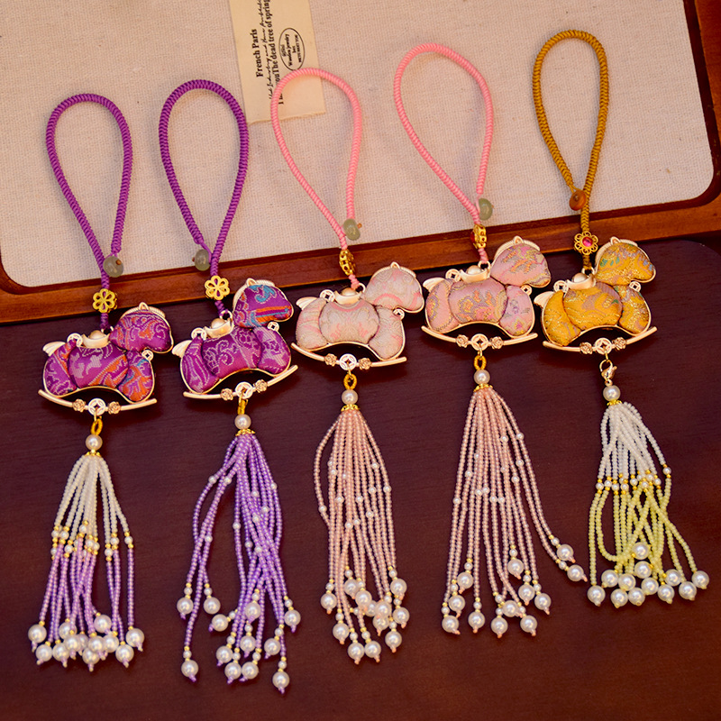 新中式宋锦纯手工生肖马车挂件编织流苏包挂新中式钥匙扣挂饰品