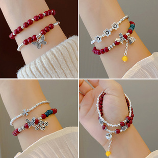 朱砂手链小众高级感复古女蝴蝶招财元宝手串双层手串本命年手饰品