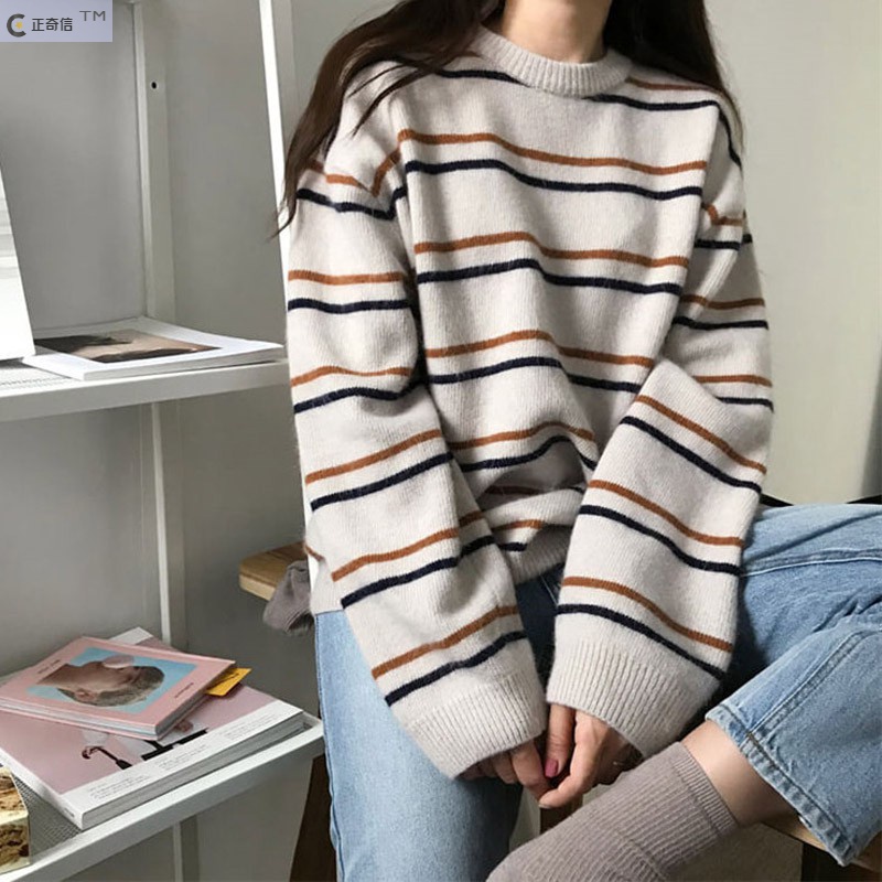 秋冬新款韩国女装圆领毛衣女chic套头条纹针织衫宽松慵懒学生外穿|msdalam kategori mod main/animasi/Zhou Bian/cos/permainan papan, kostum cosplay/props/perkhidmatan, Wanita Cosplay - dari Buy2taobao.com untuk memberikan perkhidmatan ejen Taobao profesional membeli