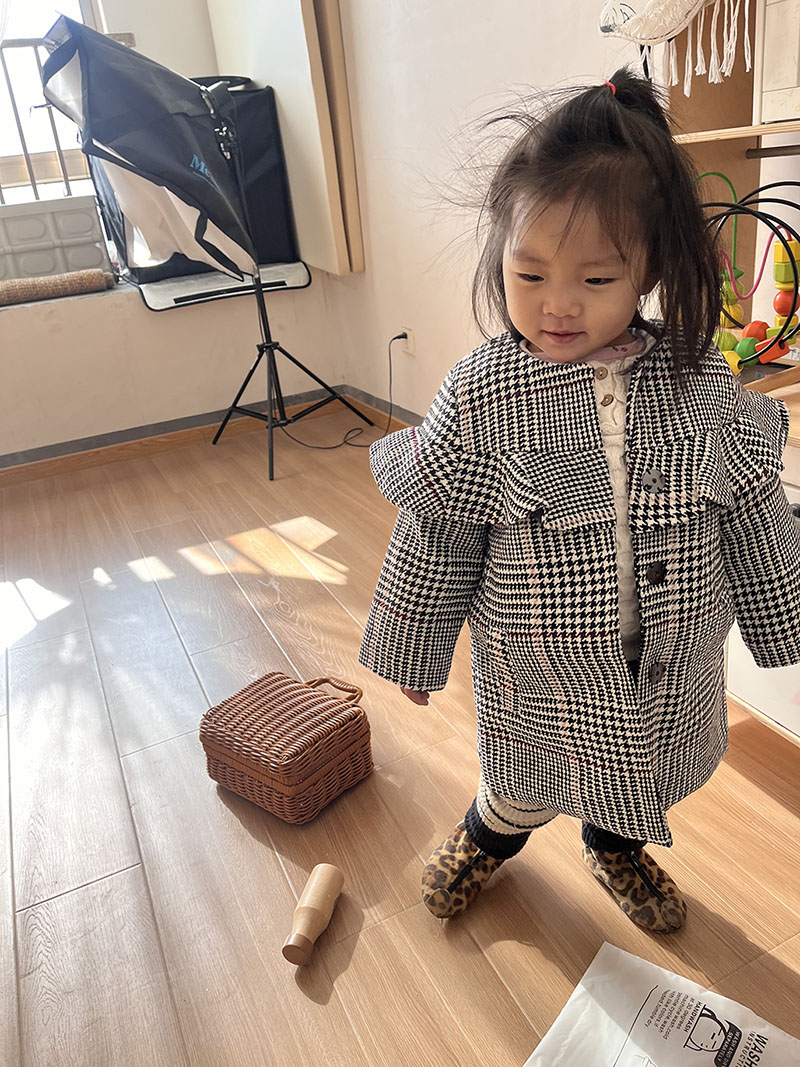 断码清仓女童千鸟格呢子大衣儿童保暖夹棉加厚上衣韩版中长款外套