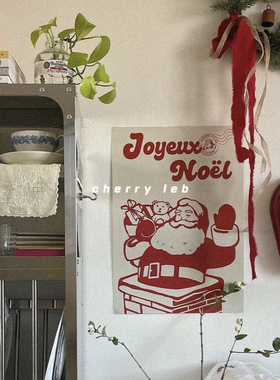 韩国博主ins风法式复古红色圣诞礼物老人海报画墙面装饰节日气氛