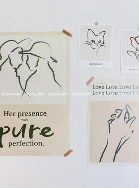 韩国ins风手绘线条情侣猫咪组合挂画海报画金色相框家居装饰摆件