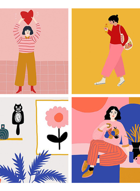 韩国ins泫雅风彩色花花人物海报客厅沙发四连画背景墙装饰画相框