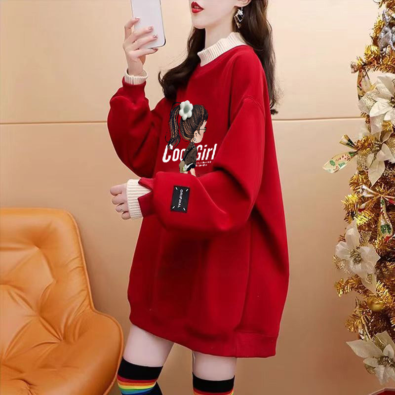 假两件卫衣女秋冬新款加绒加厚大码中长款显瘦宽松设计感小众外套