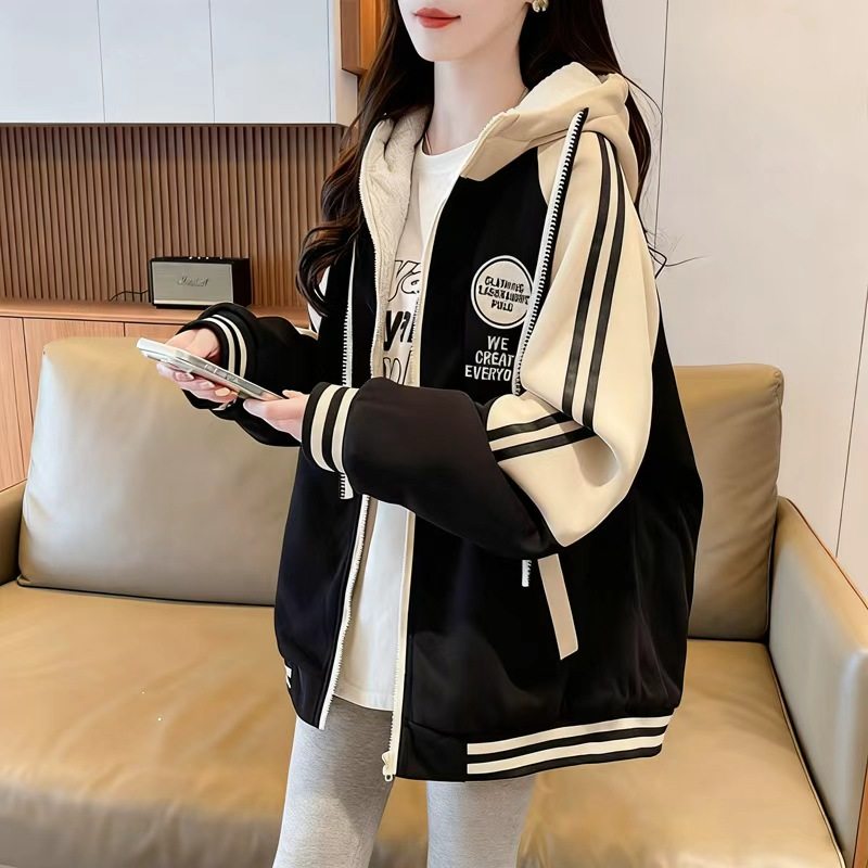 加绒加厚棒球服外套女秋冬爆款宽松洋气学院风初高中学生连帽卫衣