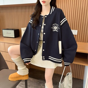 小个子卫衣开衫 纯棉学院风美式 刺绣立领棒球服外套女秋冬宽松大码