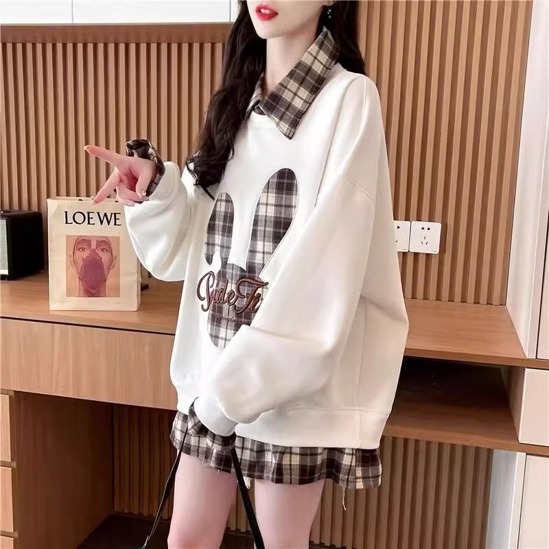 假两件格子高中生春秋中长款薄款卫衣少女宽松大码上衣外套polo衫