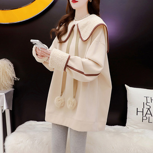 海军领大码加绒卫衣女2025秋冬新款韩版宽松洋气中长款减龄上衣潮