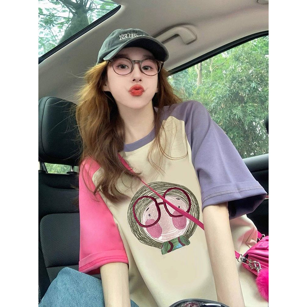 纯棉美式撞色插肩短袖T恤女