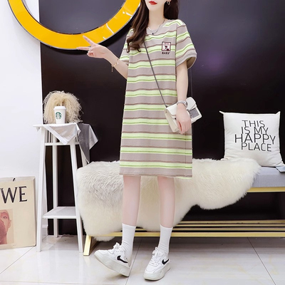 欧货大版纯棉宽松减龄条纹t恤裙