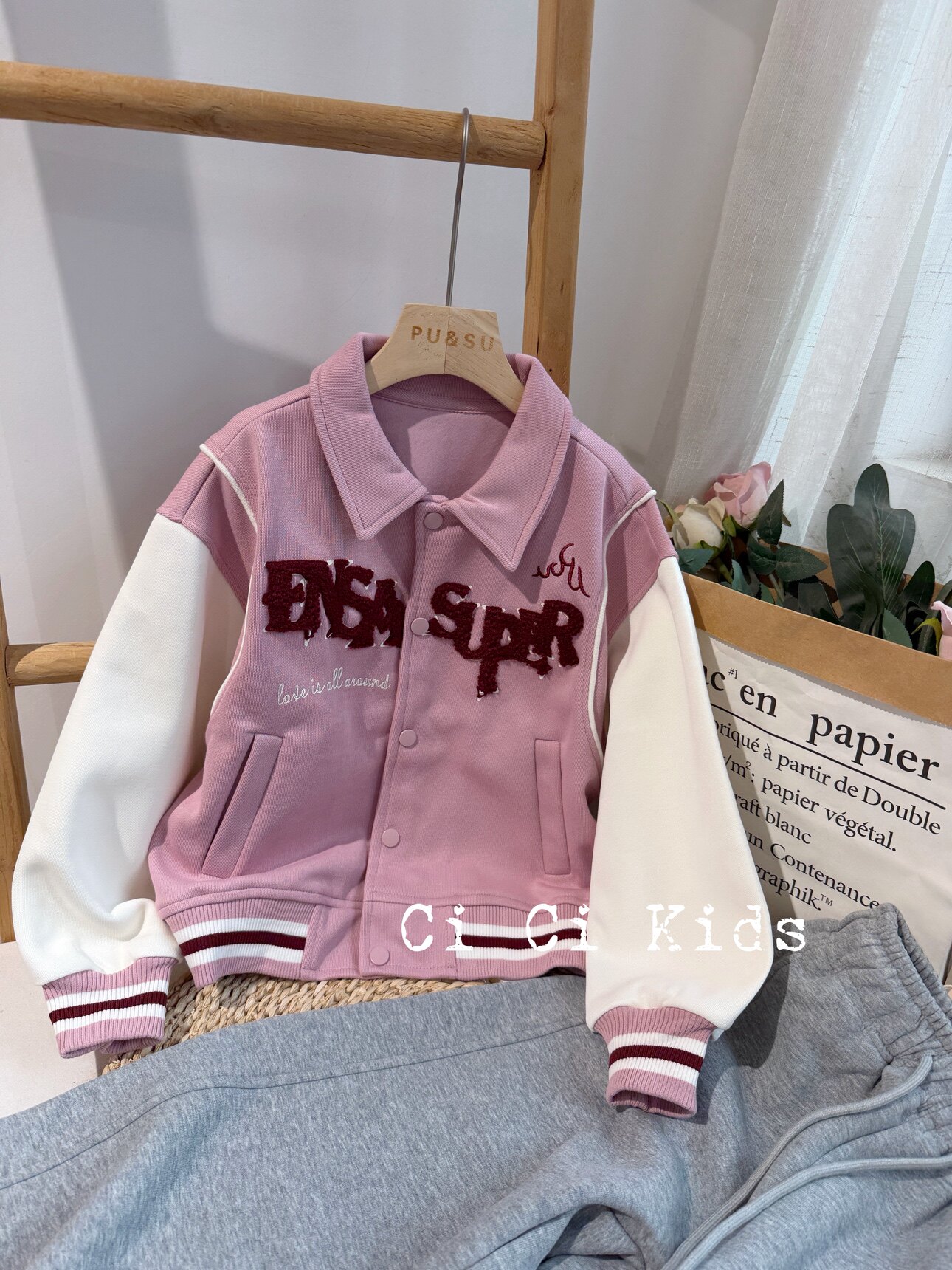 恩尚女大童春季粉色棒球服拼接色棉袄/棉服