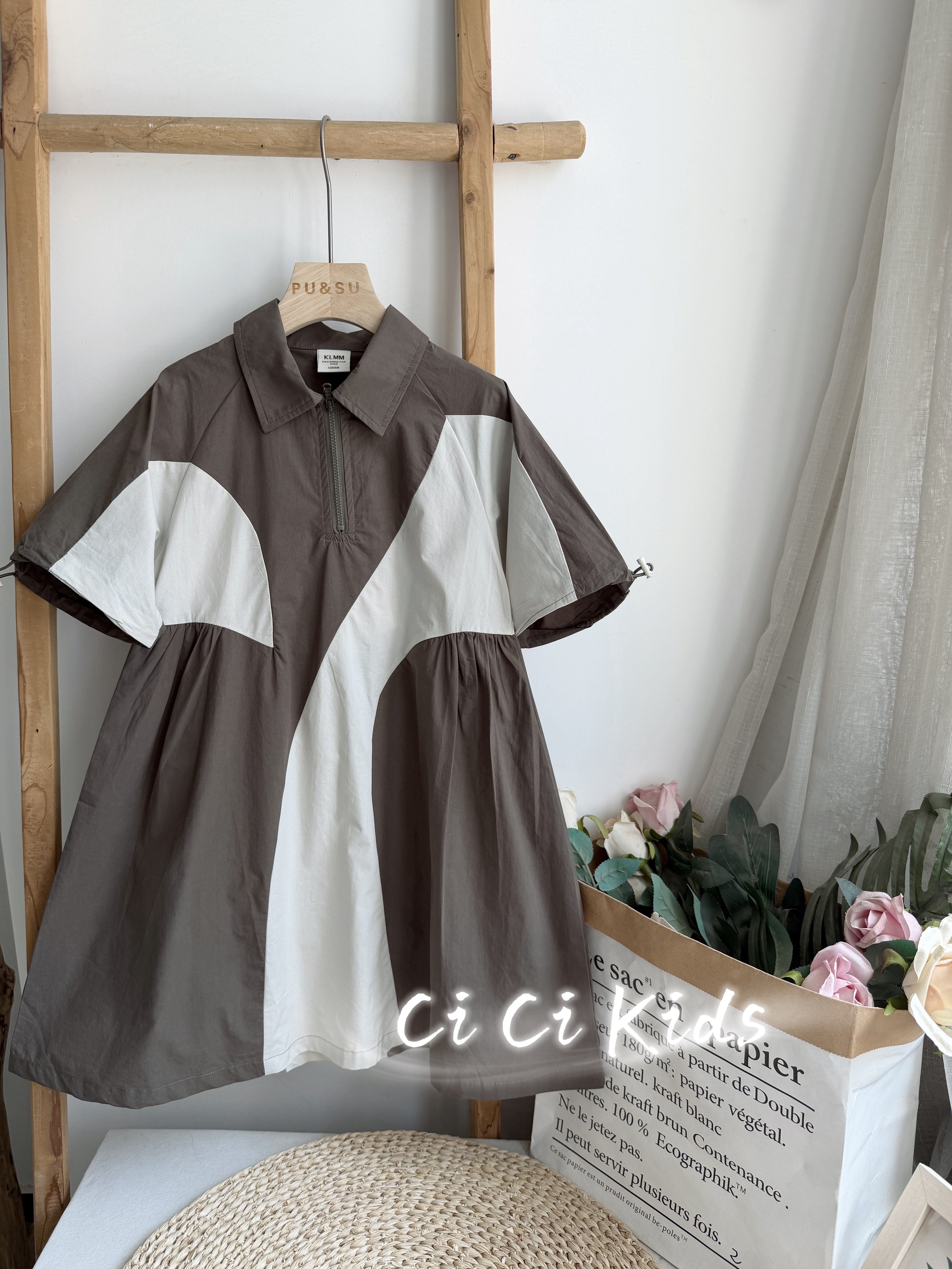 考拉MM女大童夏季新款Polo连衣裙军绿色山系拼接休闲裙子洋气宽松