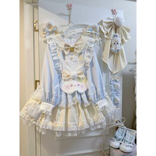甜美可爱长袖Lolita洛丽塔蕾丝蓬蓬连衣裙蝴蝶结小猫围裙两件套女