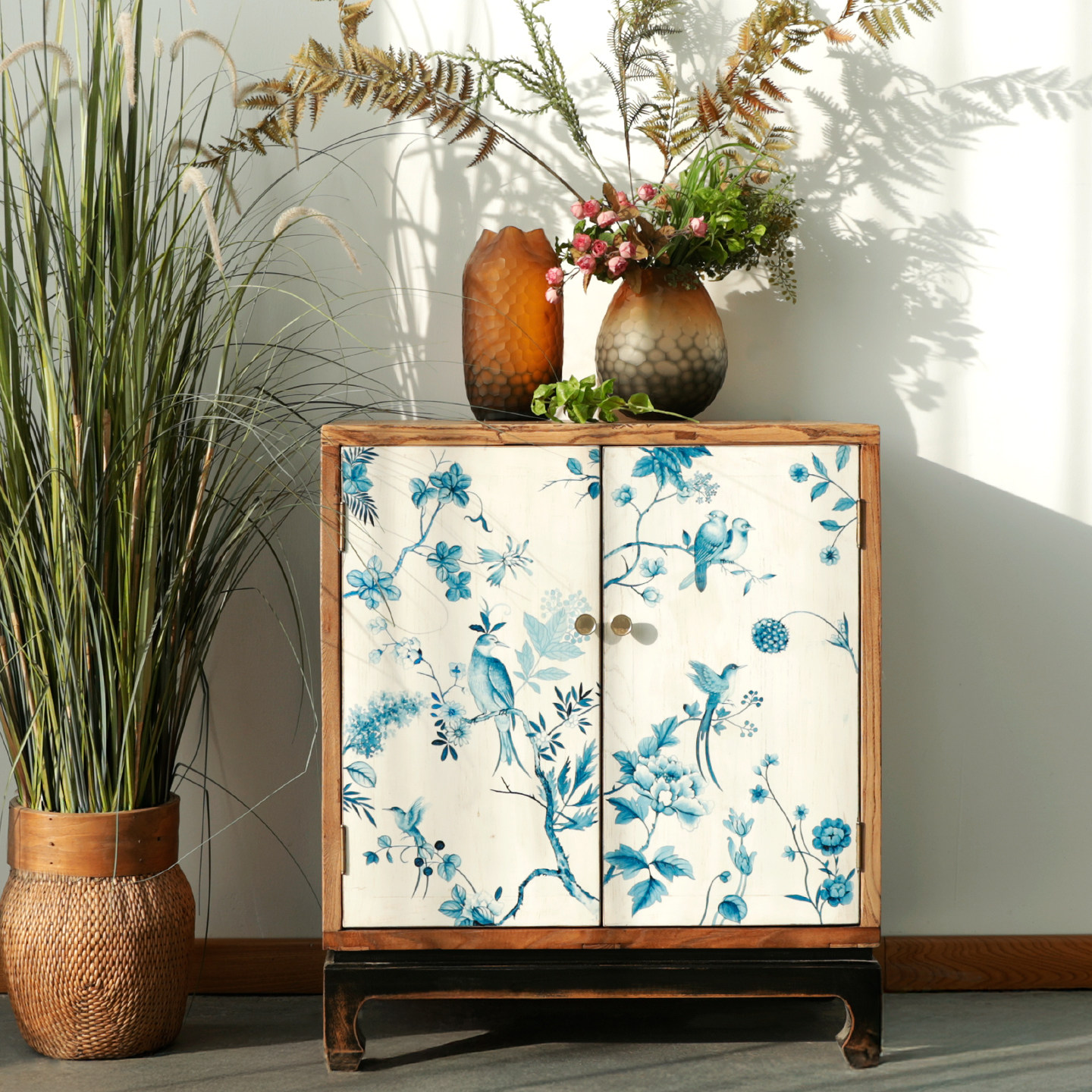 古朴年代新中式手绘花鸟图案榆木实木餐边柜客厅多功能储物柜复古
