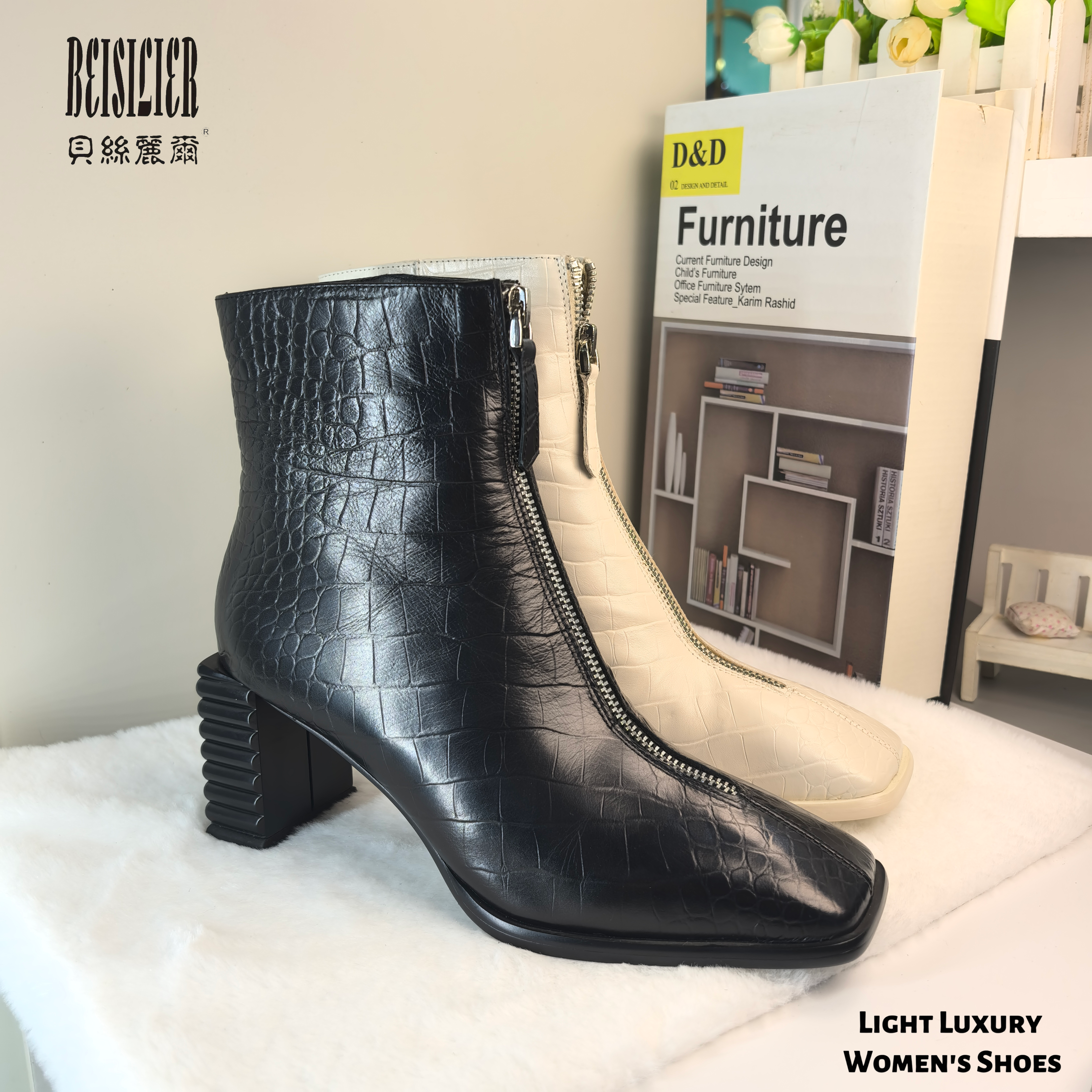 贝丝丽尔欧洲站新款轻奢牛皮短靴女鞋粗跟靴子高跟鞋时装靴及踝靴