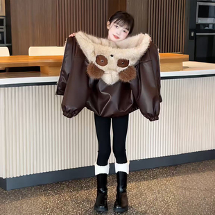 女童秋冬加绒外套2025秋冬季 儿童小熊皮衣毛毛衣俩面穿上衣潮 新款