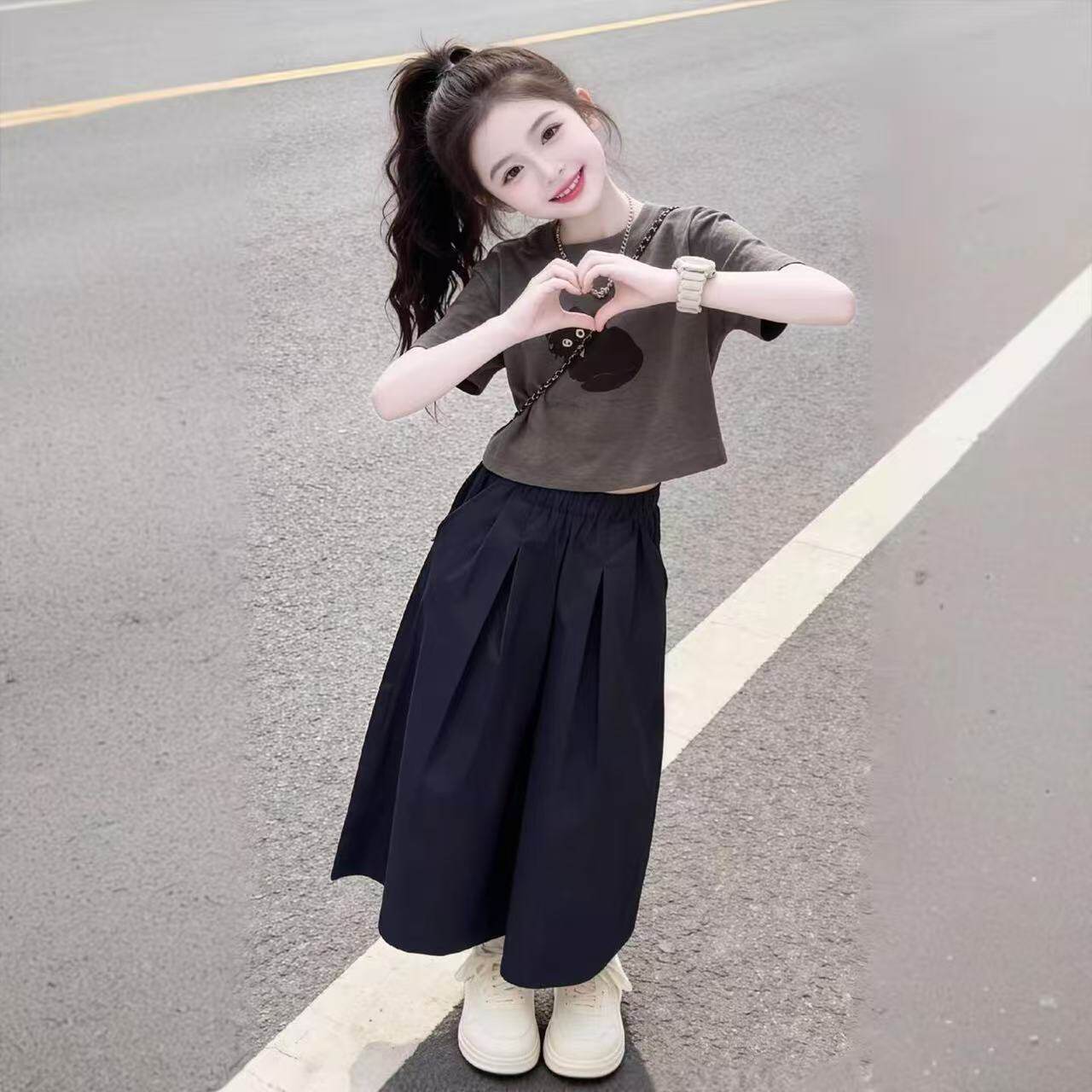 女童夏季套装2026新款儿童时尚洋气中大童猫咪短袖阔腿裤两件套潮
