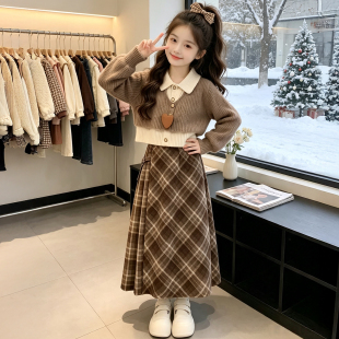 女童秋冬款2026新款针织衫套装儿童韩系洋气中大童上衣裙子两件套