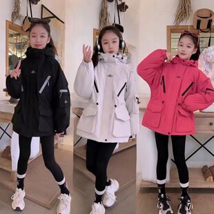 多巴胺玫粉色防风保暖二棉冲锋衣女童秋冬设计感工装 棉服加厚外套