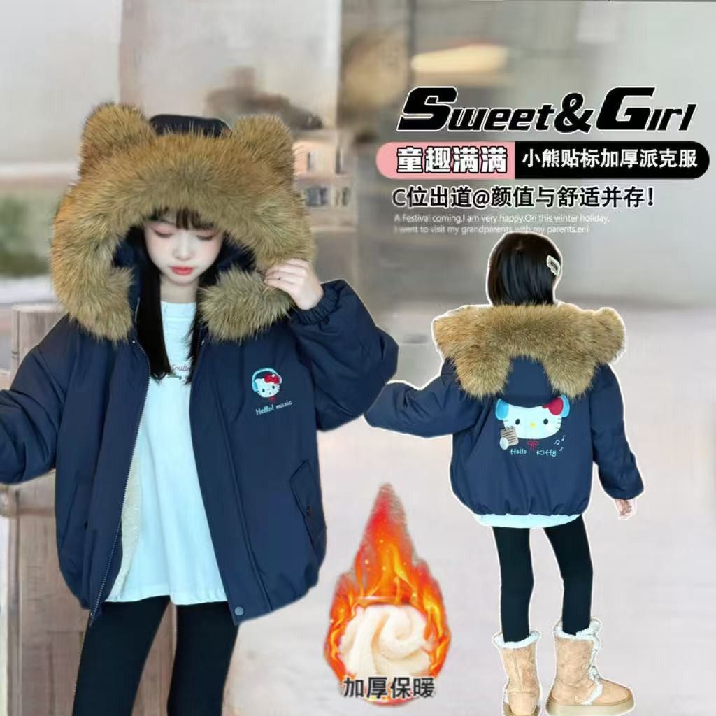女童冬季加绒加厚派克服2026新款中大童过冬棉服大毛领连帽外套潮